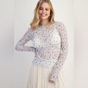 easel White Sheer Floral Mesh Long Sleeve Top